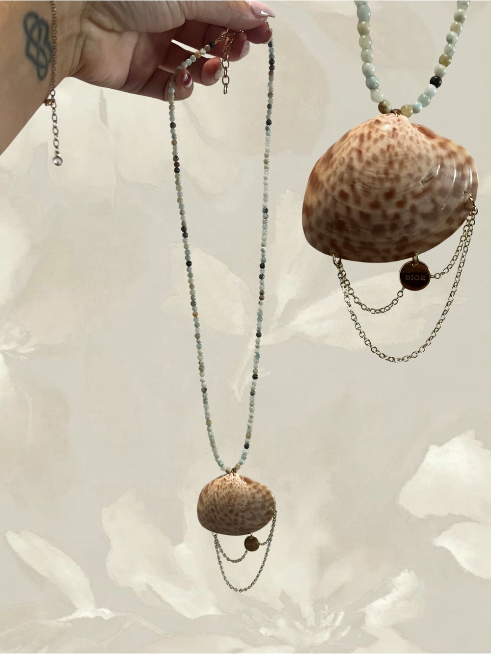 Dior Shell Pendant Beaded Necklace in Cream, Green and Gold